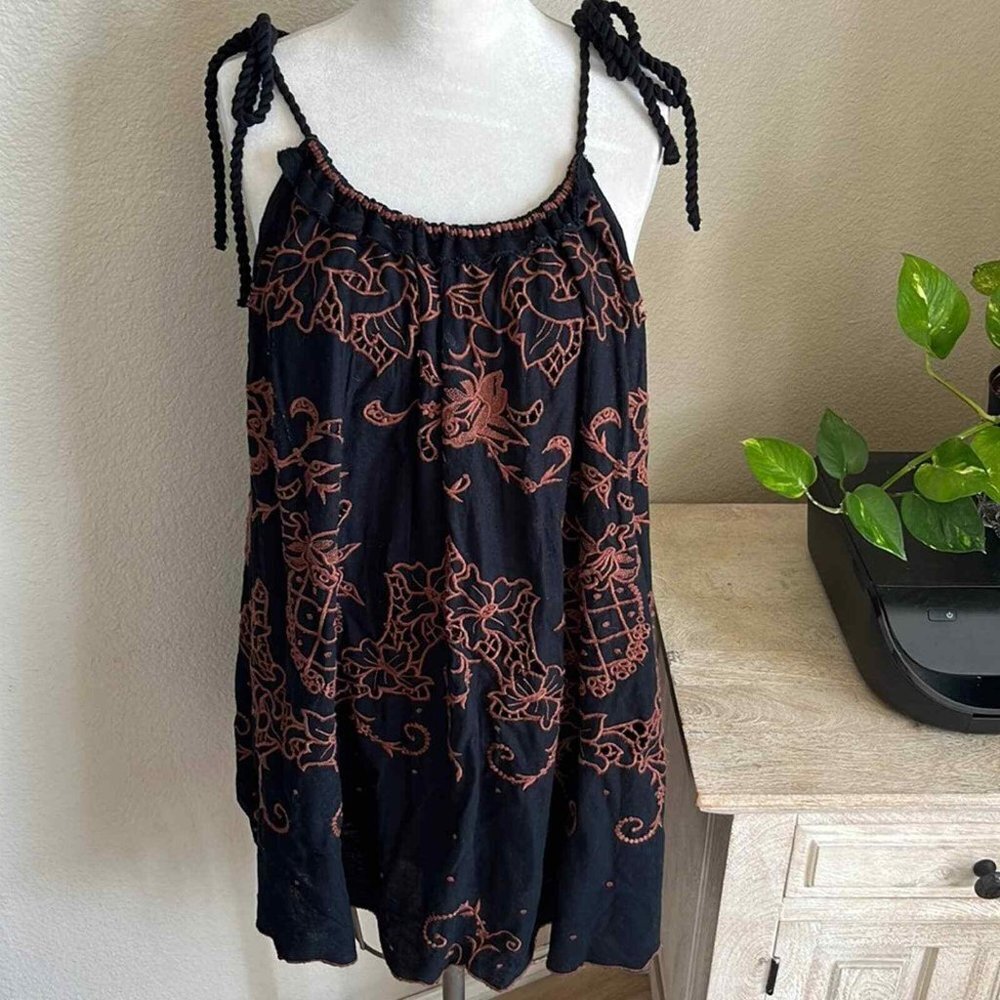 Free People Black/Brown Adjustable Braided Straps Loose Fit Dress, Small NWT